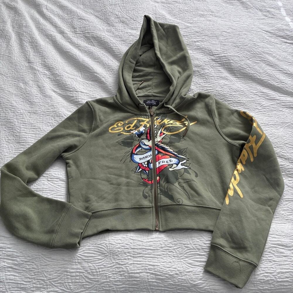 Ed Hardy Olive Green Hoodie, cropped, XL NWOT